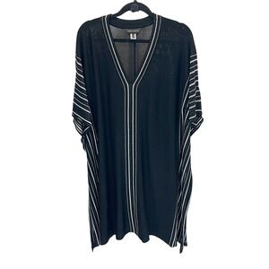 Ming Wang Black Silver Metallic Striped V-Neck Knit Kaftan Dress Size Large